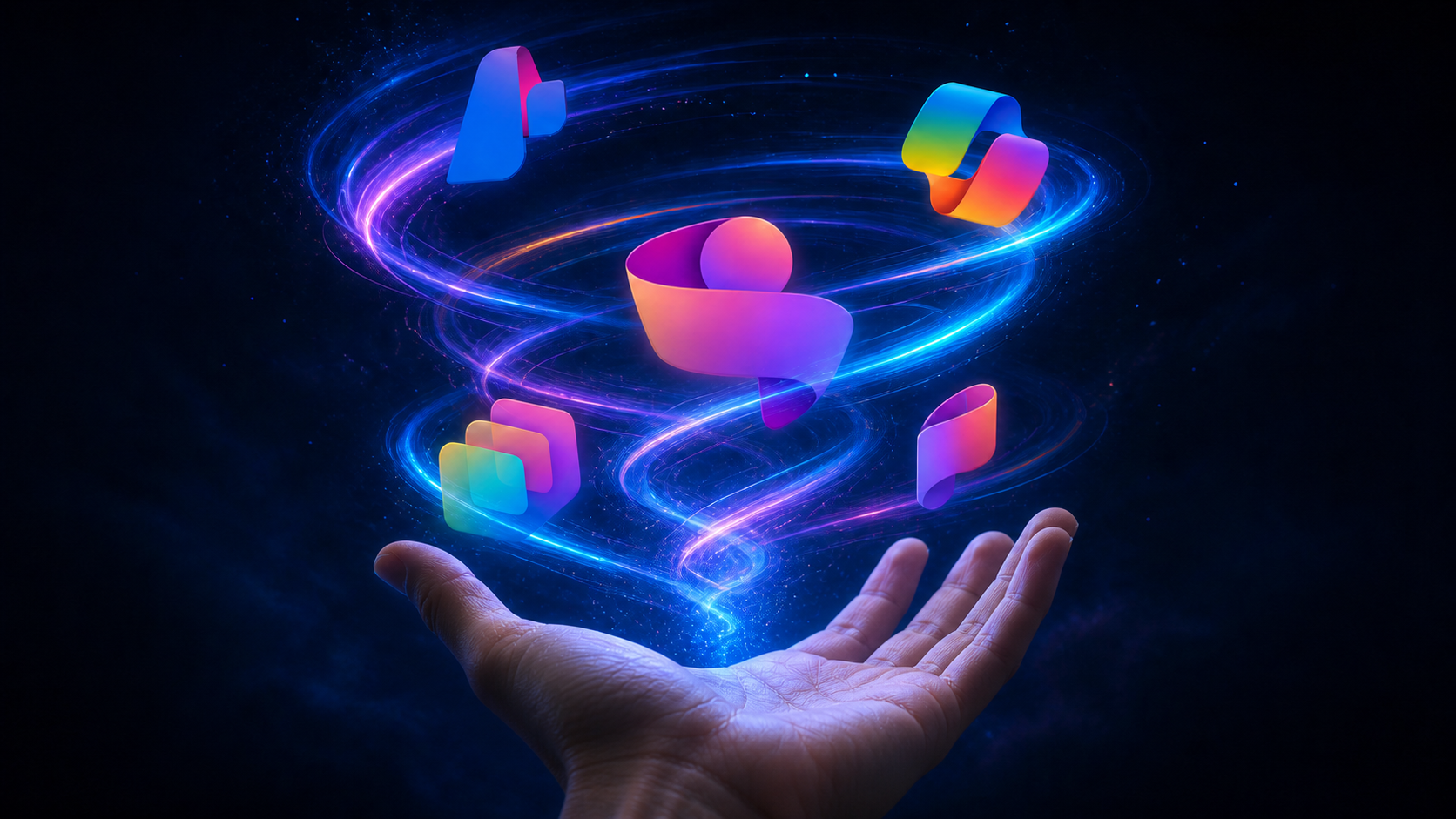 A hand presenting connected artificial intelligence tools